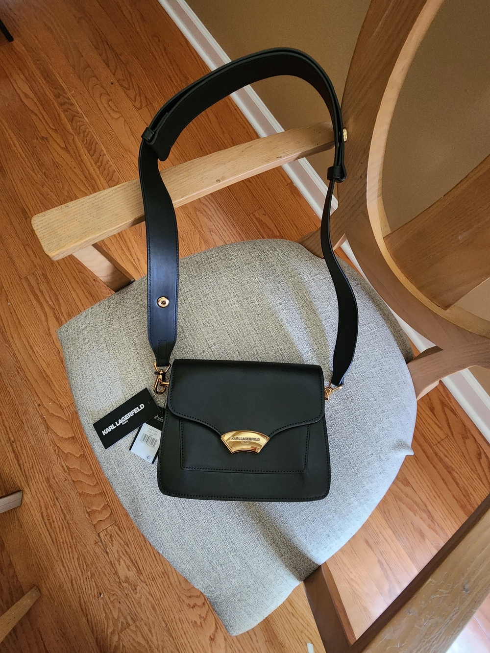 Karl Lagerfeld Madelyn- Black Leather Crossbody with Gold Accent